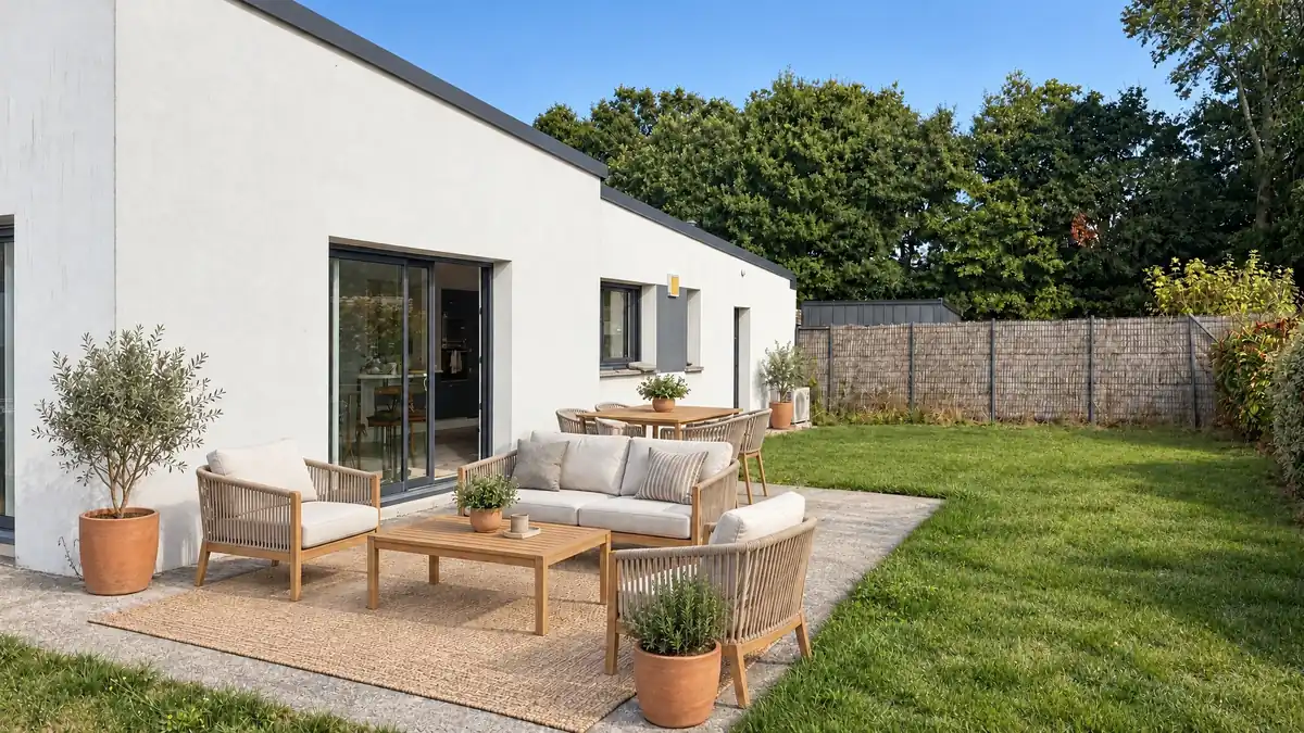 Terrasse avec des fauteuils en plastique noir, et la même terrasse avec un salon de jardin en bois